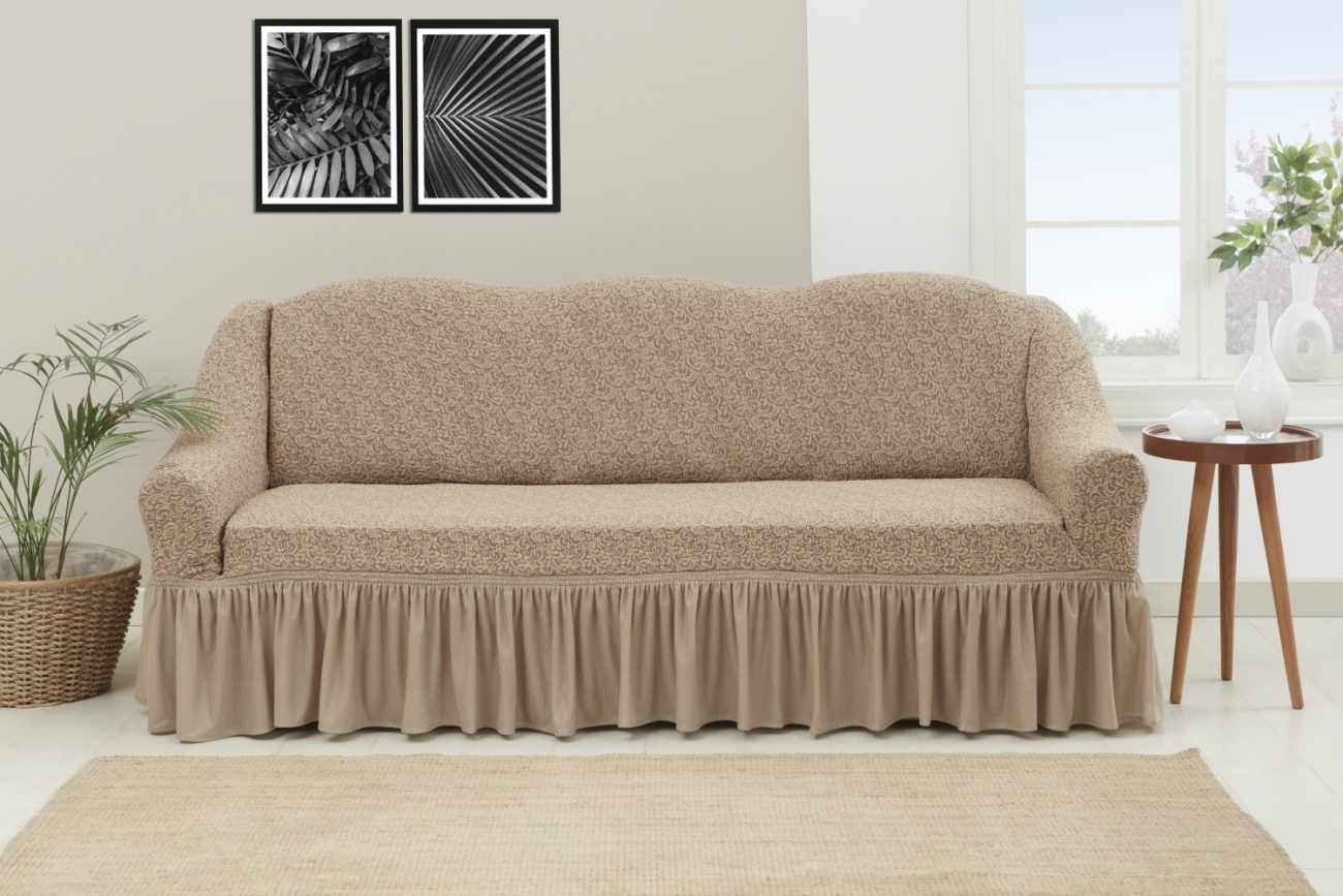 фото Чехол на трехместный диван с оборкой venera "жаккард", цвет бежевый