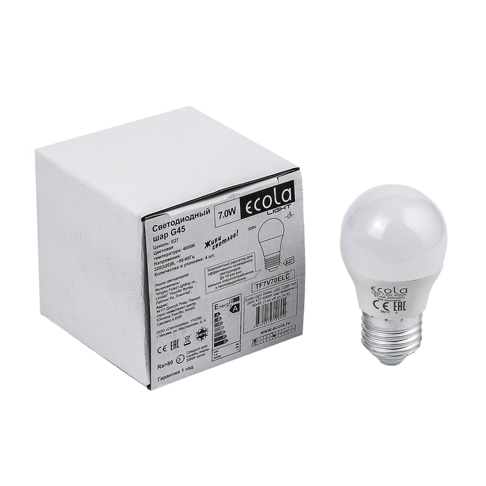 

Лампа светодиодная Ecola Light globe, G45, E27, 7 Вт, 4000 K, 220 В, 82x45 мм