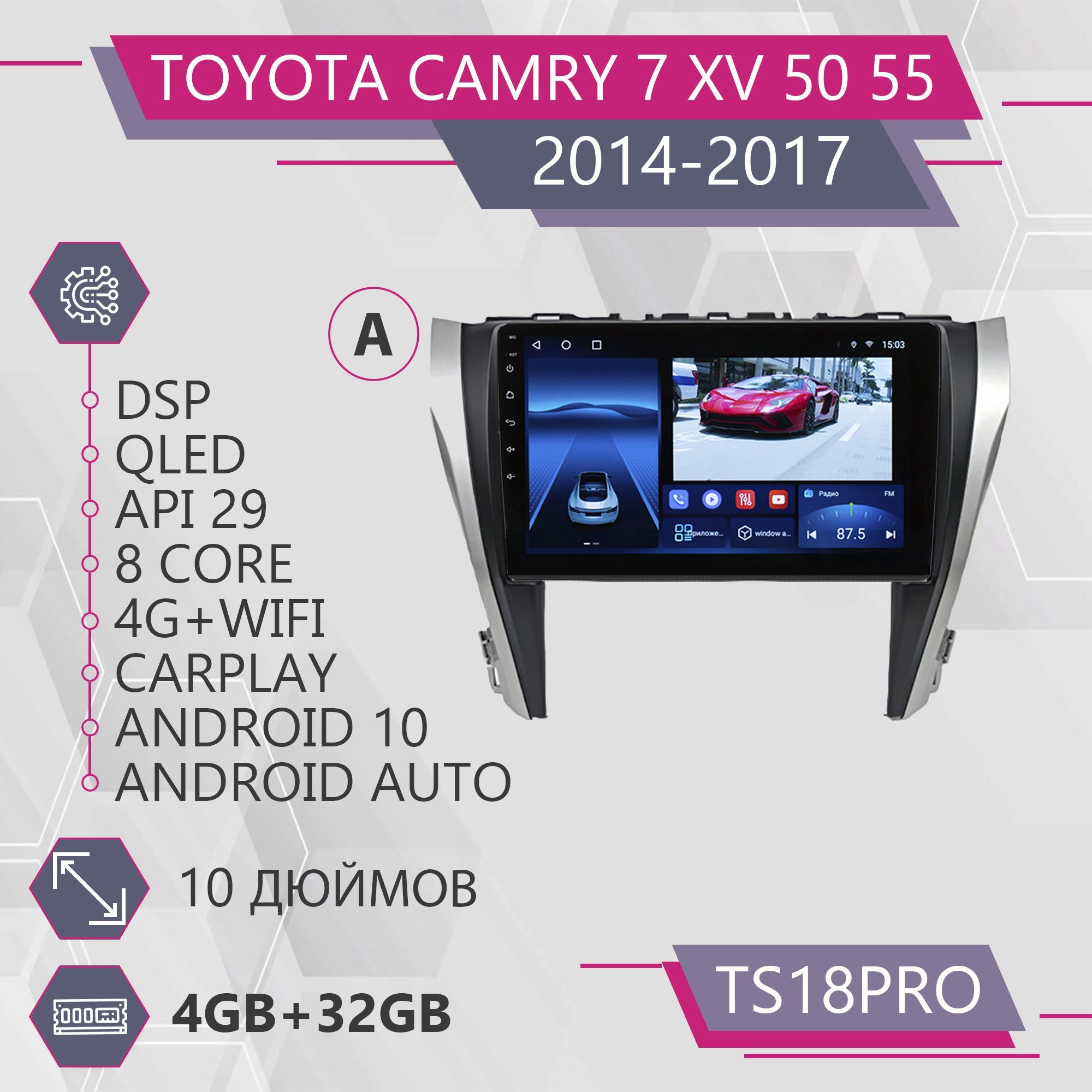 Магнитола Точка Звука TS18Pro для Toyota Camry 7 Тойота Камри Комплект А 4+32GB