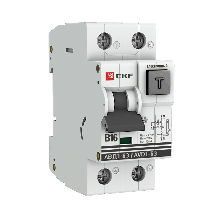 Дифференциальный автомат EKF АВДТ-63 16А/10мА DA63-16B-10e (хар-ка B, электр., тип A) 6кА