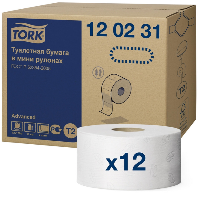 

Бумага туалетная для диспенсера Tork T2 Advanced mini 2сл бел втор170м 12рул 120231