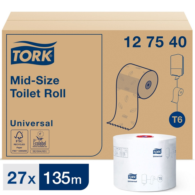 

Бумага туалетная для диспенсера Tork Mid-size Т6 Universal 1сл бел135м 27рул 127540