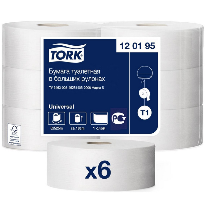 

Бумага туалетная Tork Universal T1 1сл бел вторич втул 525м 120195 6рул