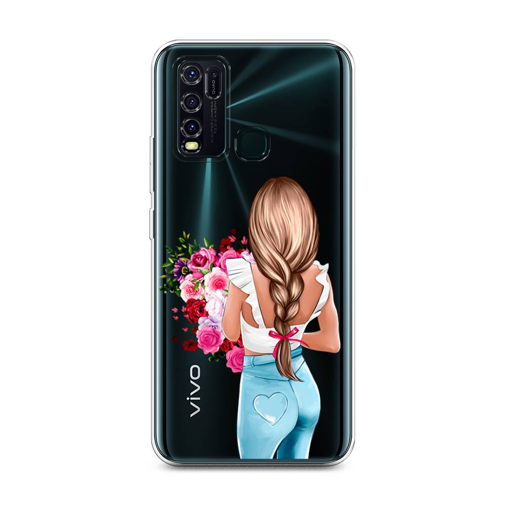 

Чехол на Vivo Y30 "Девушка с цветами", Коричневый;розовый;голубой, 262650-6