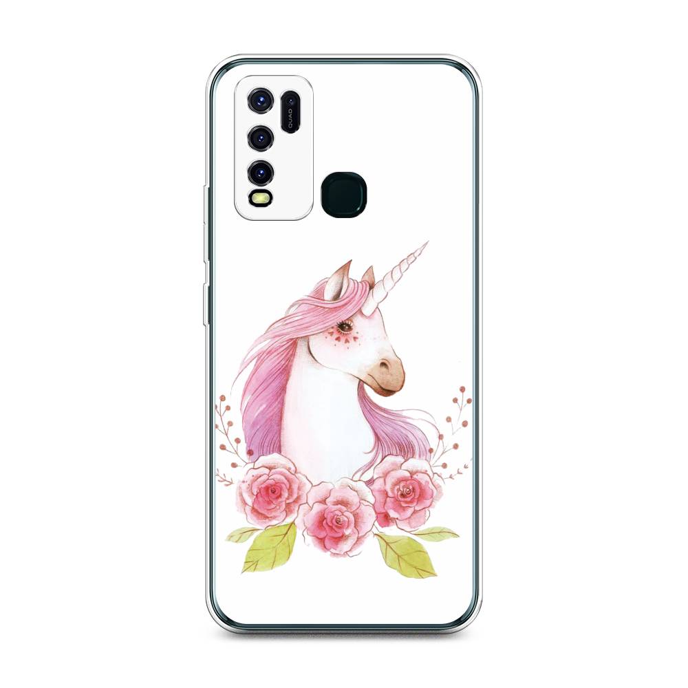 

Чехол на Vivo Y30 "Единорог цветы", Белый;розовый;серый, 262650-1