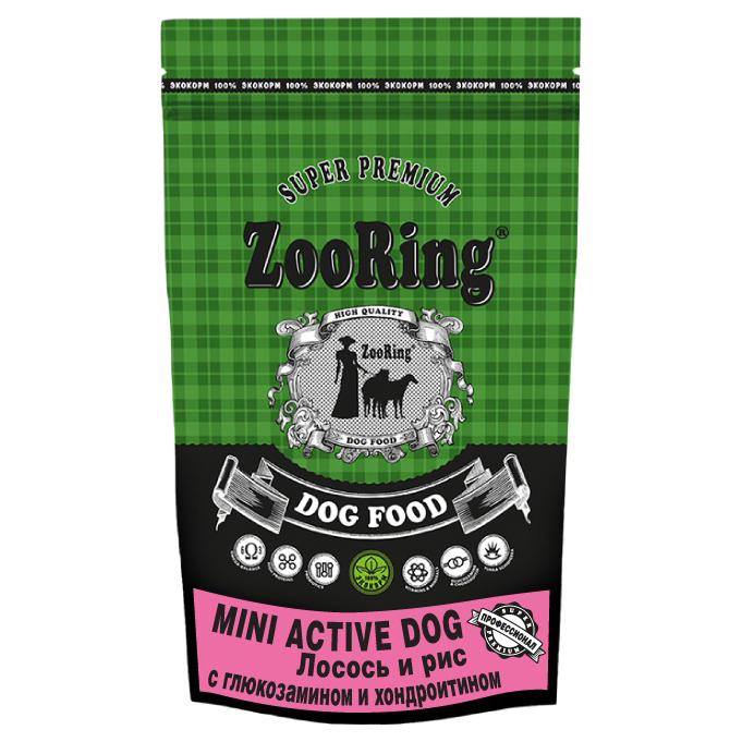Сухой корм для собак ZooRing Mini Active Dog  28/16 , лосось, рис, 2кг