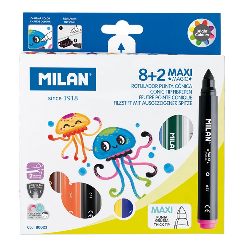 Набор фломастеров Milan Maxi Magic на водной основе 10 штук (8 цветов+2 для смены цвета)