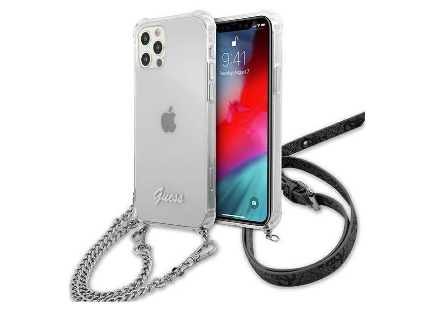 фото Чехол cg mobile guess script + metal silver chain iphone 12/12 pro прозрачный