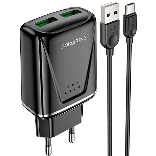 

Сетевой адаптер питания Borofone BA54A WideRoad 2 USB-порта плюс кабель USB-C, черный