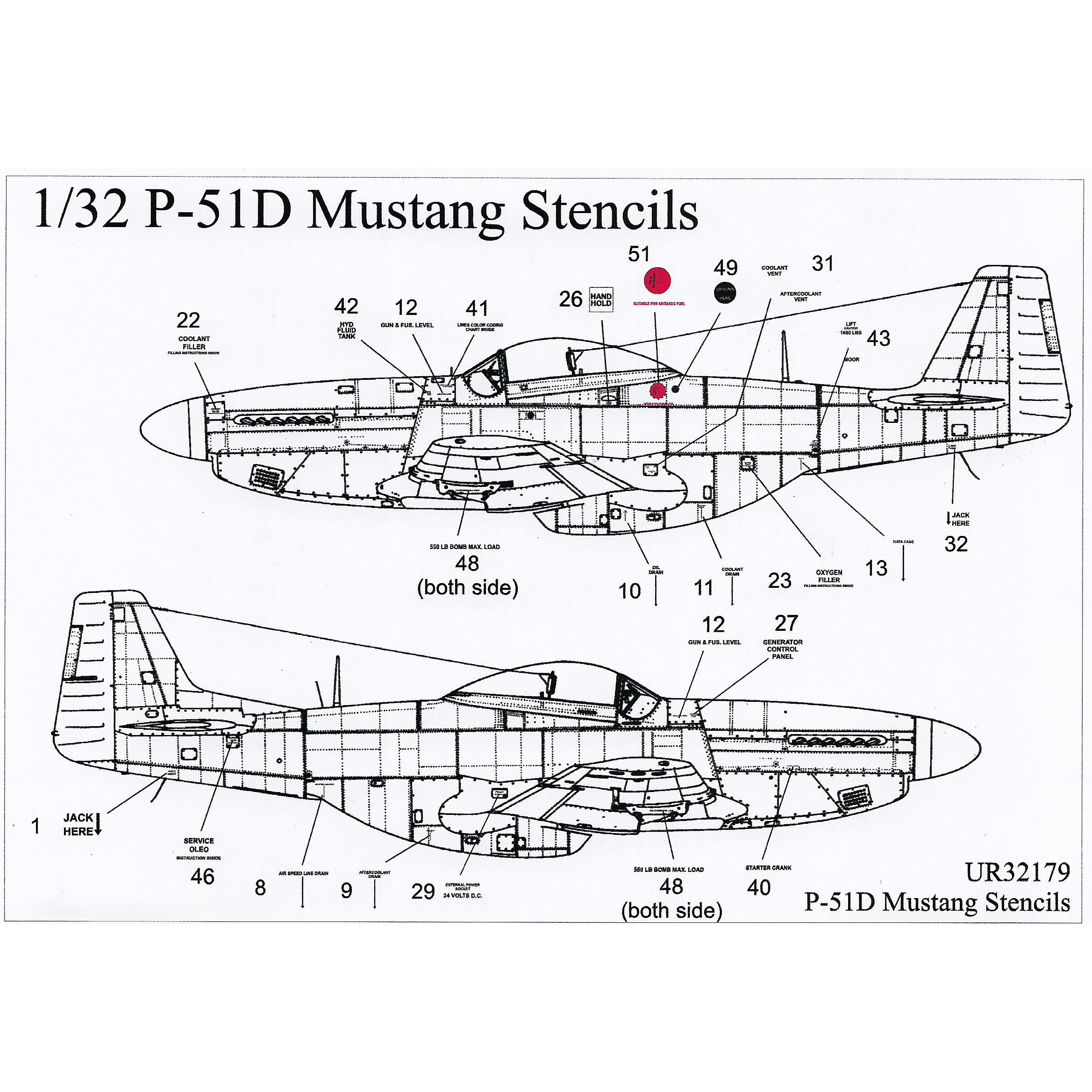 Декали UpRise 1/32 для P-51D Mustang, тех. надписи UR32179