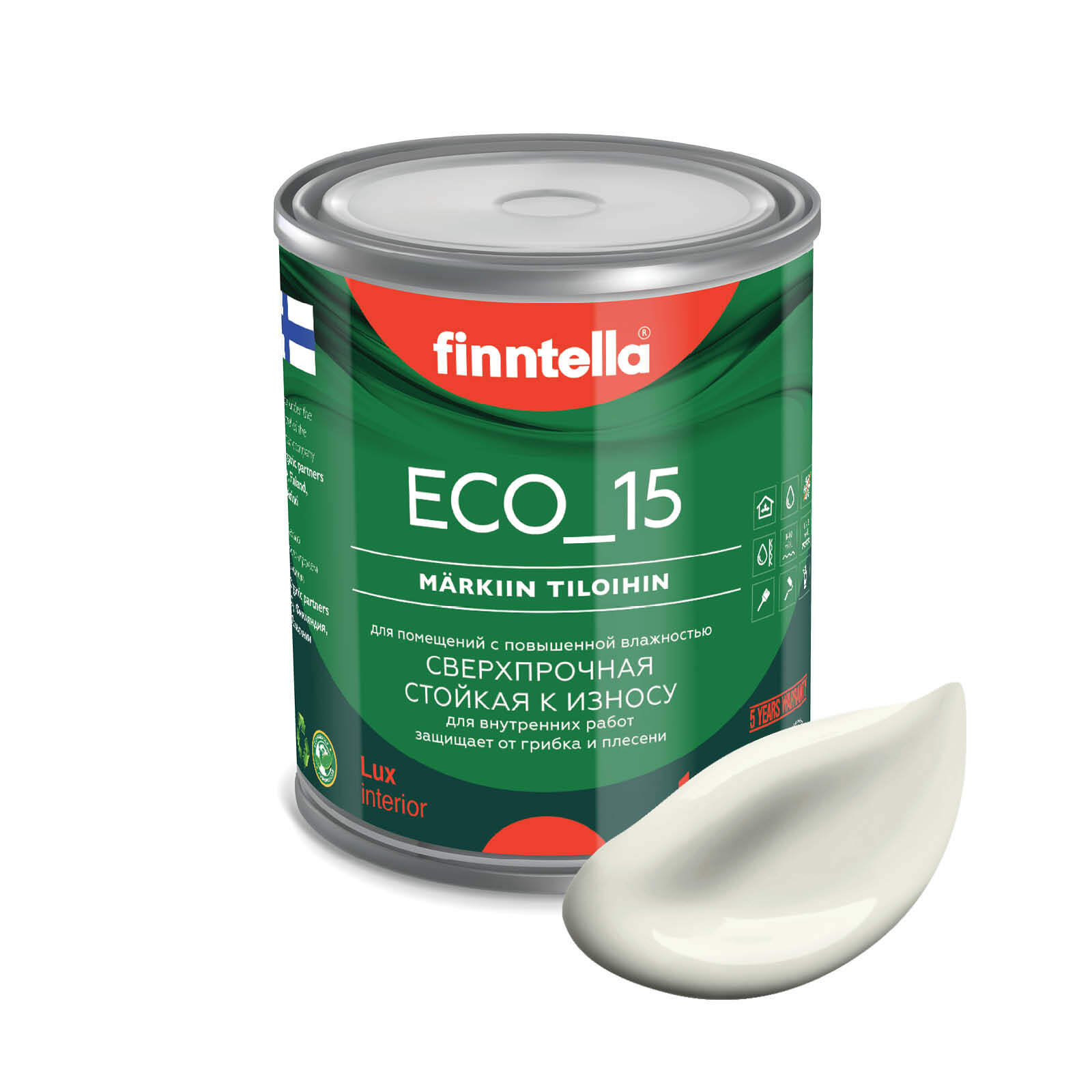 

Специализированная краска для кухонь и ванных комнат FINNTELLA ECO_15 с полиуретаном, моющ, Белый, интерьерная ECO_15 гладкая для ванных комнат и кухни