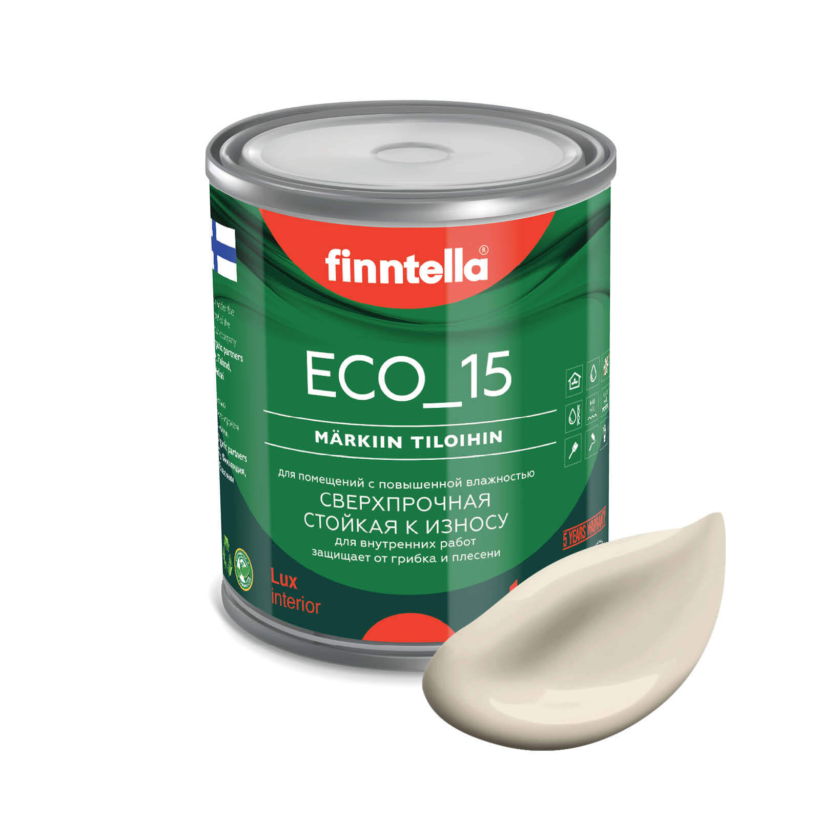 

Специализированная краска для кухонь и ванных комнат FINNTELLA ECO_15 с полиуретаном, моющ, Бежевый, интерьерная ECO_15 гладкая для ванных комнат и кухни