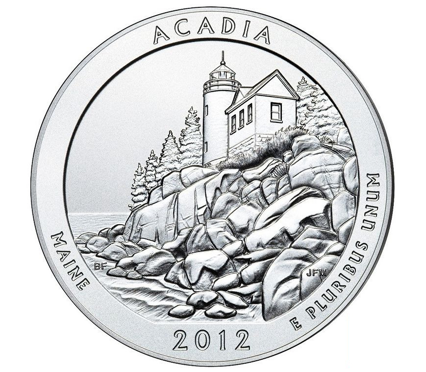 

Монета 25 центов квотер, 1/4 доллара, Национальные парки, Акадия, США, 2012 UNC