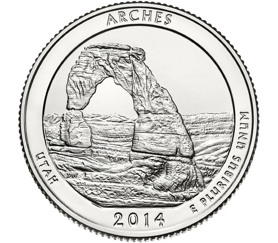 

Монета 25 центов квотер, 1/4 доллара, Национальные парки, Арки, США, 2014 UNC