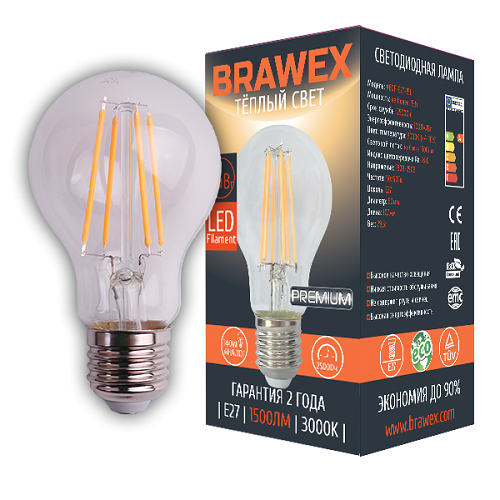 Светодиодная лампа Brawex LED Filament A60 15W 3000K E27 A60F-E27-15L