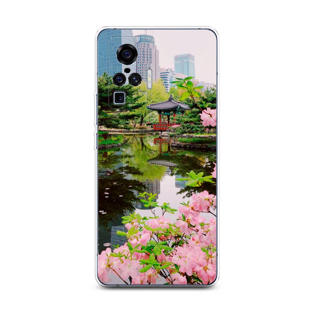 

Чехол на Vivo X50 Pro "Сакура возле озера", Зеленый;розовый;голубой, 262350-2