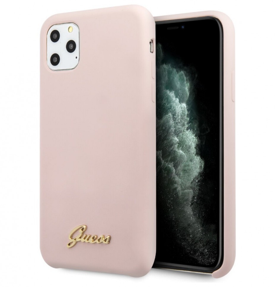 фото Чехол cg mobile guess liquid silicone gold metal logo iphone 11 pro розовый