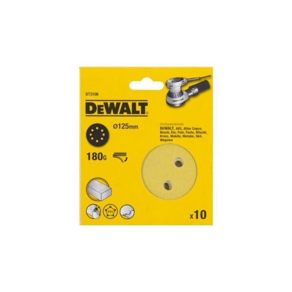 

Шлифкруги DEWALT DT3106-QZ, 125 мм, 8 отверстий, 180G, 10 шт.
