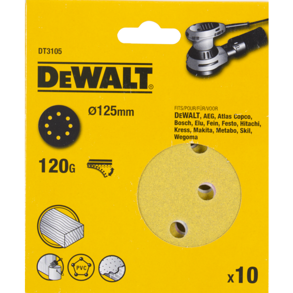 

Шлифкруги DEWALT DT3105-QZ, 125 мм, 8 отверстий, 120G, 10 шт.
