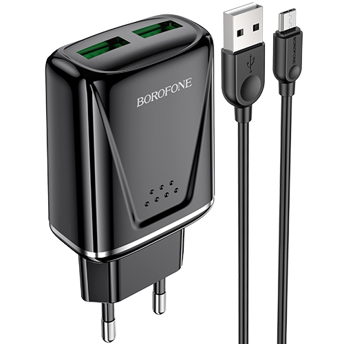 

Сетевой адаптер питания Borofone BA54A WideRoad 2 USB-порта плюс кабель Micro USB, черный