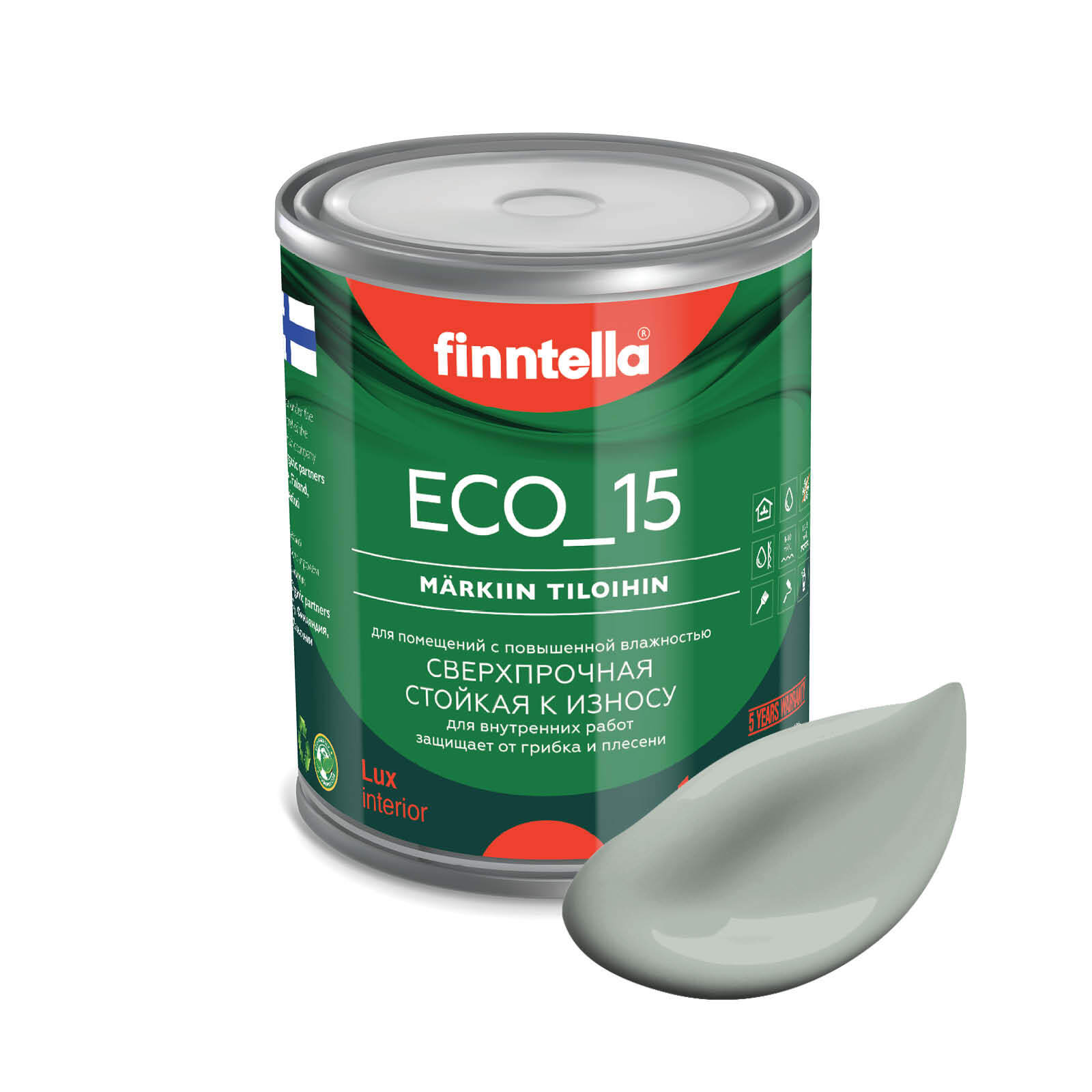 

Специализированная краска для кухонь и ванных комнат FINNTELLA ECO_15 с полиуретаном, моющ, Зеленый, интерьерная ECO_15 гладкая для ванных комнат и кухни