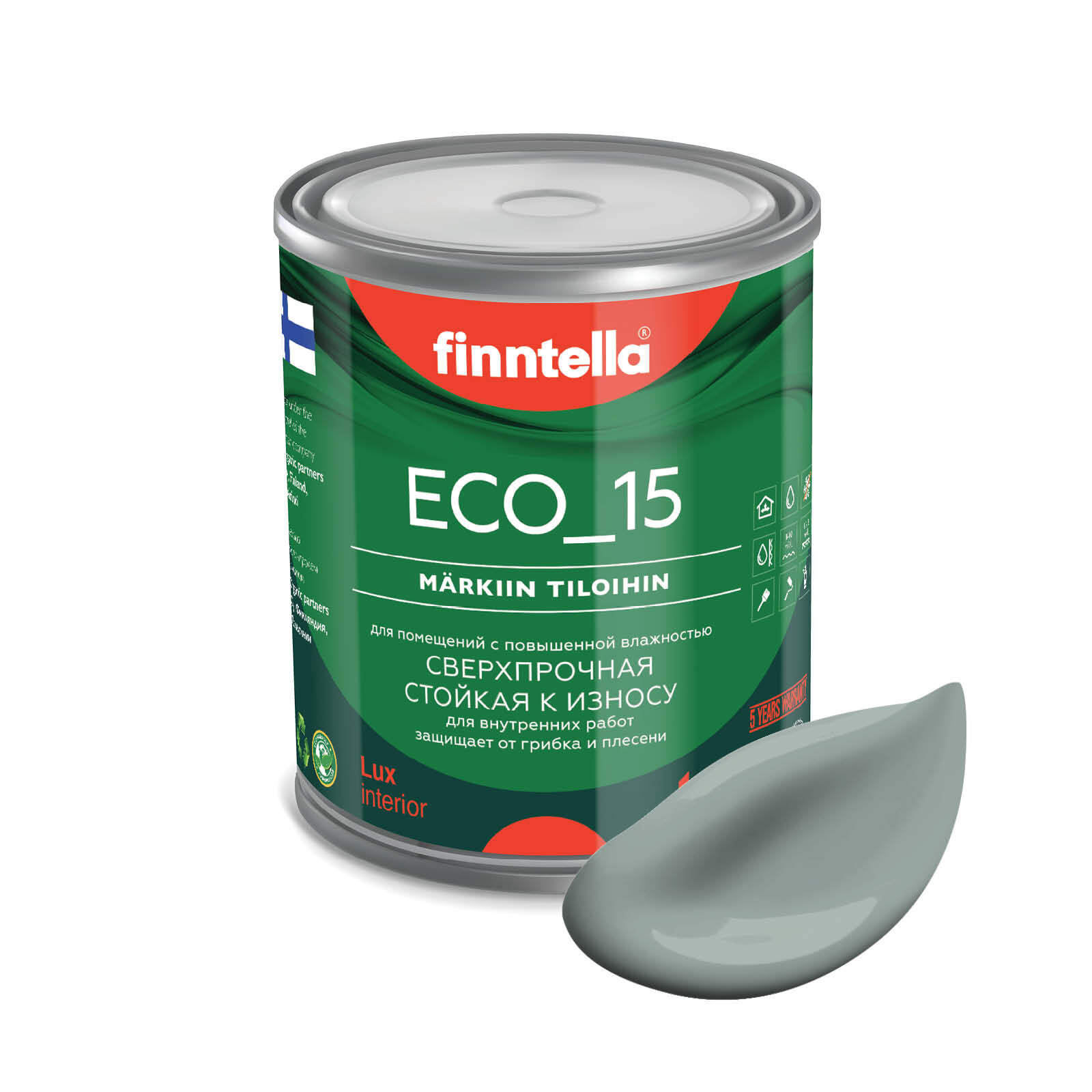 

Специализированная краска для кухонь и ванных комнат FINNTELLA ECO_15 с полиуретаном, моющ, Зеленый, интерьерная ECO_15 гладкая для ванных комнат и кухни