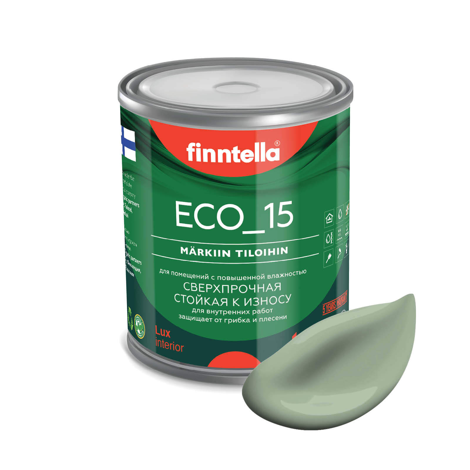 

Специализированная краска для кухонь и ванных комнат FINNTELLA ECO_15 с полиуретаном, моющ, Зеленый, интерьерная ECO_15 гладкая для ванных комнат и кухни