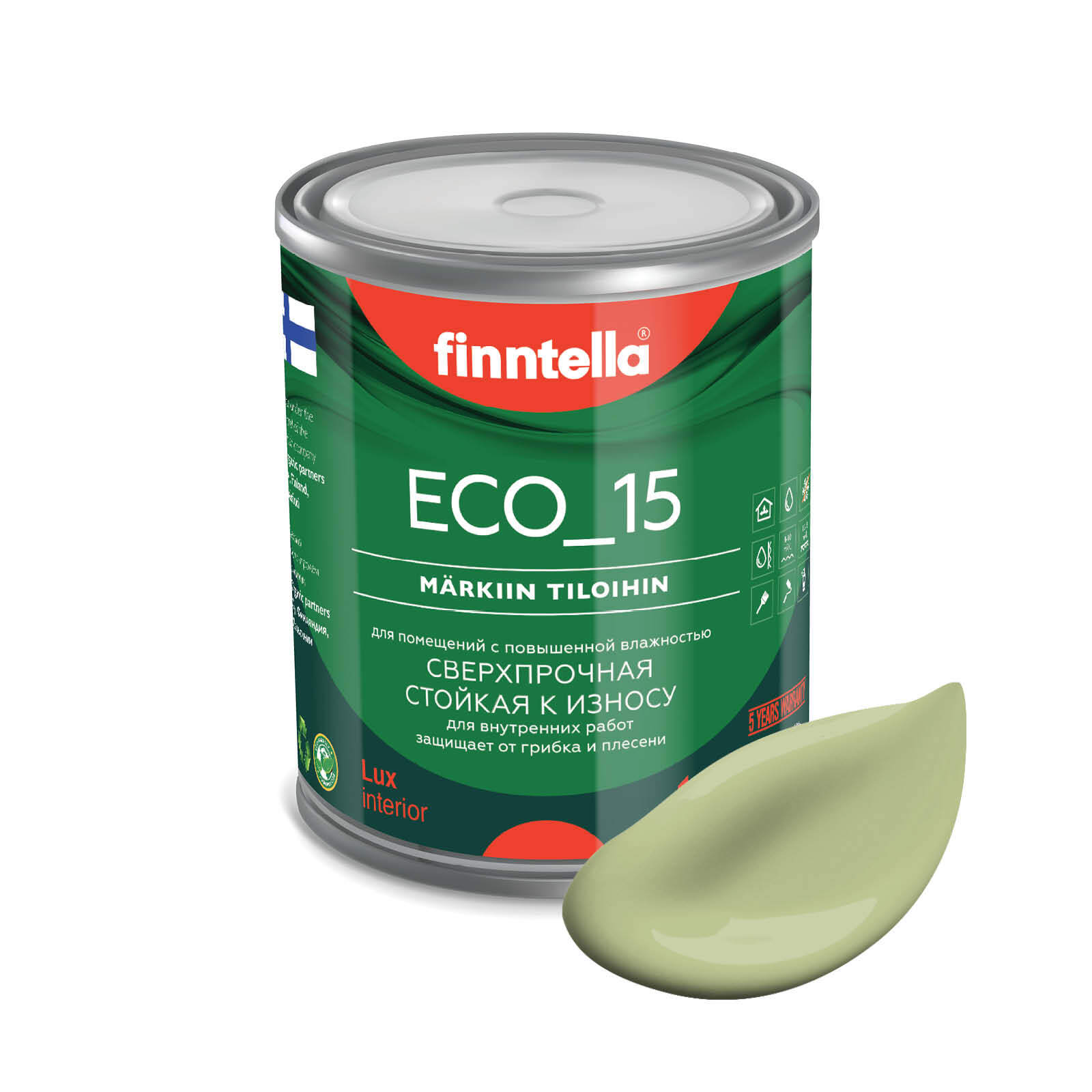 

Специализированная краска для кухонь и ванных комнат FINNTELLA ECO_15 с полиуретаном, моющ, Зеленый, интерьерная ECO_15 гладкая для ванных комнат и кухни