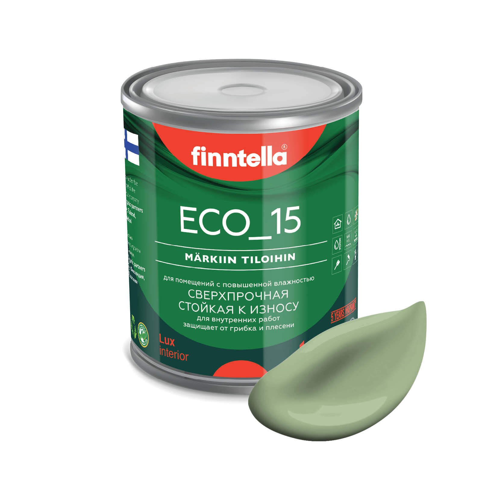 

Специализированная краска для кухонь и ванных комнат FINNTELLA ECO_15 с полиуретаном, моющ, Зеленый, интерьерная ECO_15 гладкая для ванных комнат и кухни