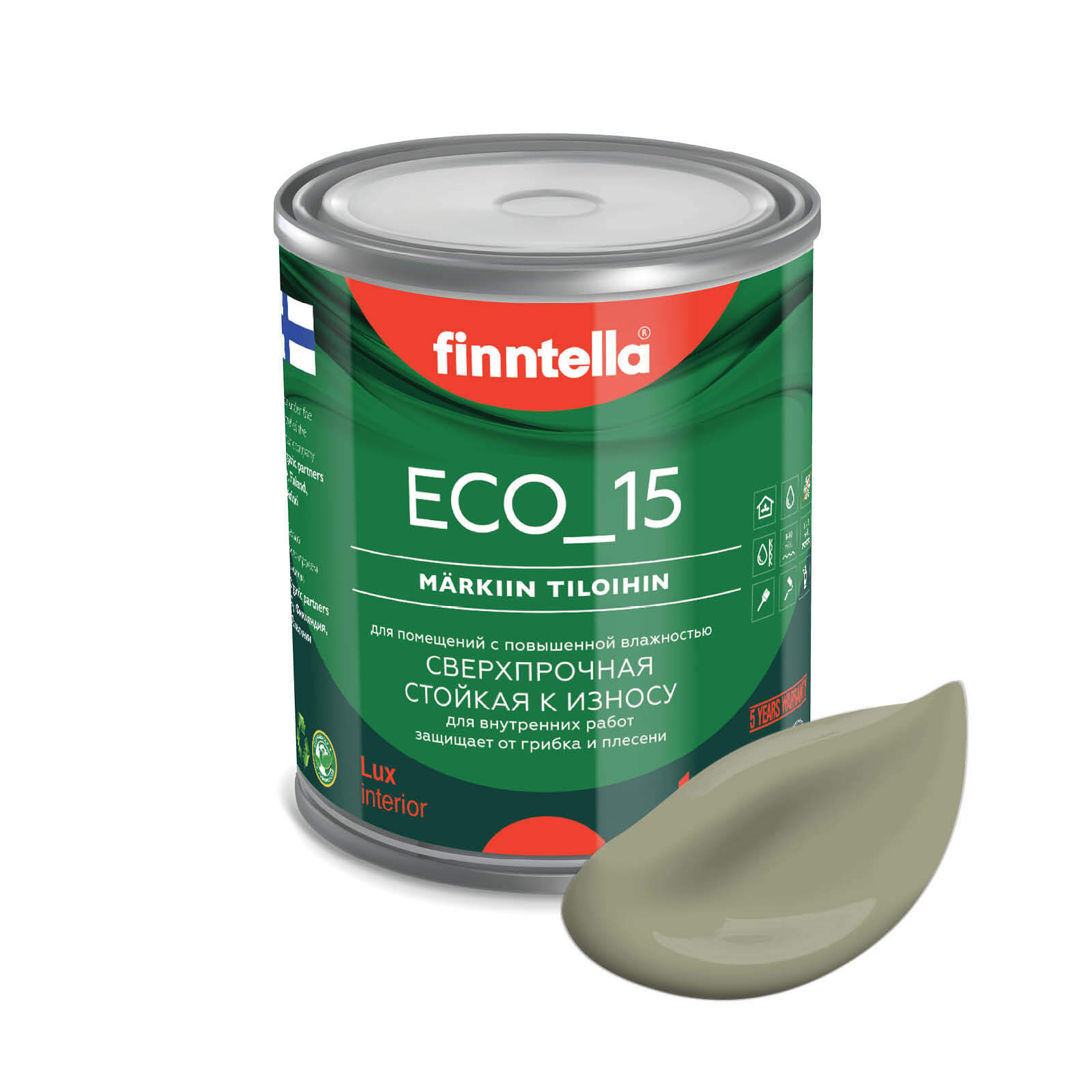 

Специализированная краска для кухонь и ванных комнат FINNTELLA ECO_15 с полиуретаном, моющ, Зеленый, интерьерная ECO_15 гладкая для ванных комнат и кухни