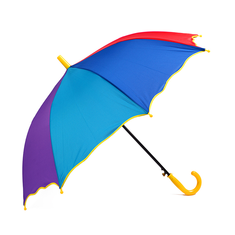 фото Детский зонт трость полуавтоматический радужный с волнистой кромкой x0127 с желтой ручкой baziator