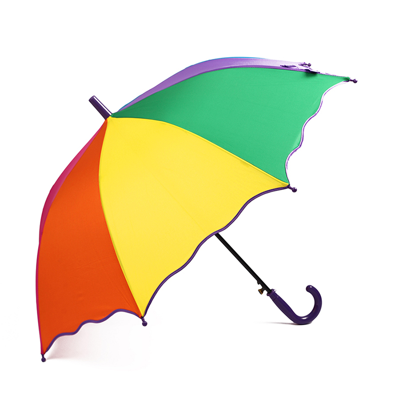 фото Детский зонт трость полуавтомат. радужный с волнистой кромкой x0127 с фиолетовой ручкой baziator