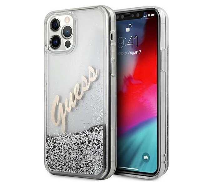 фото Чехол cg mobile guess liquid glitter script logo iphone 12/12 pro серебристый