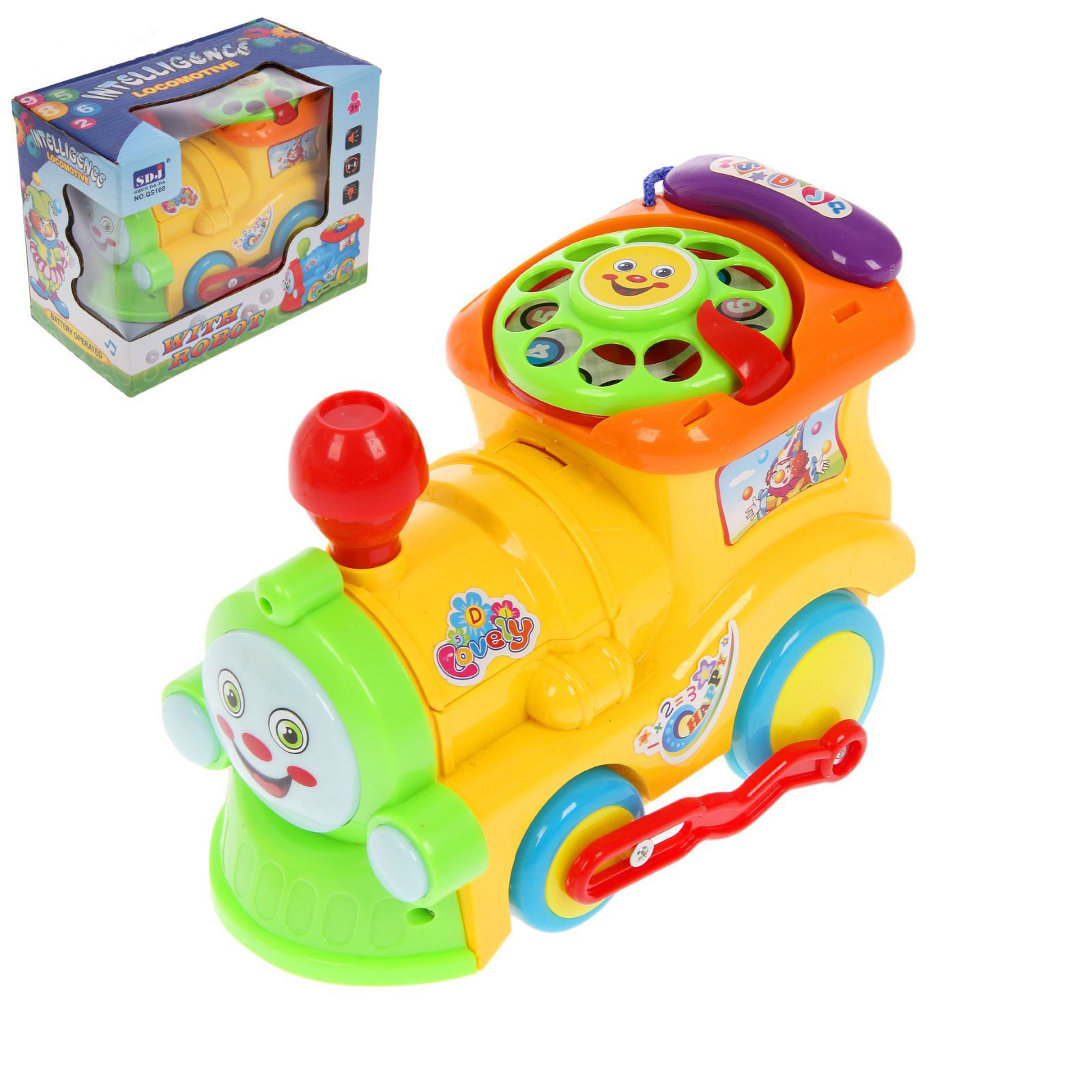 Поезд развивашка 1000toys для малышей есть звук, свет и телефот желтый на батарейках