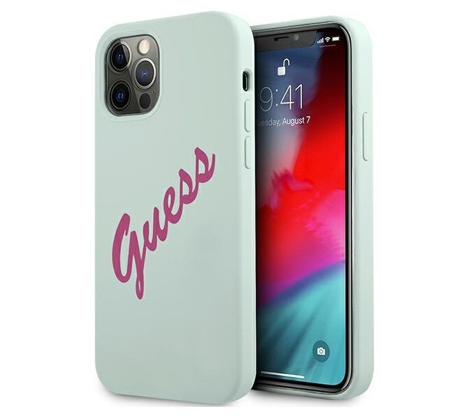 фото Чехол cg mobile guess liquid silicone script laser logo iphone 12 pro max голубой/фуксия