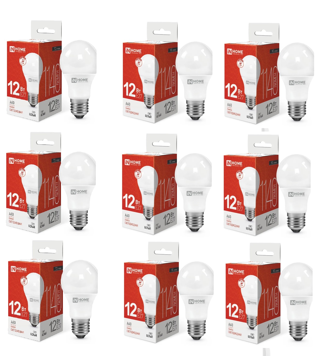 

Лампочка IN HOME LED-А60-VC 12Вт 230В Е27 4000К 1140Лм 9 шт, LED-А60-VC
