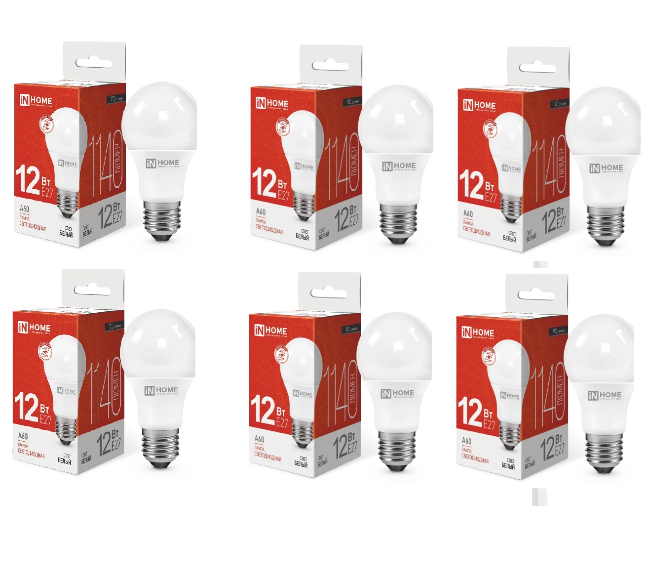

Лампочка IN HOME LED-А60-VC 12Вт 230В Е27 4000К 1140Лм 6 шт, LED-А60-VC