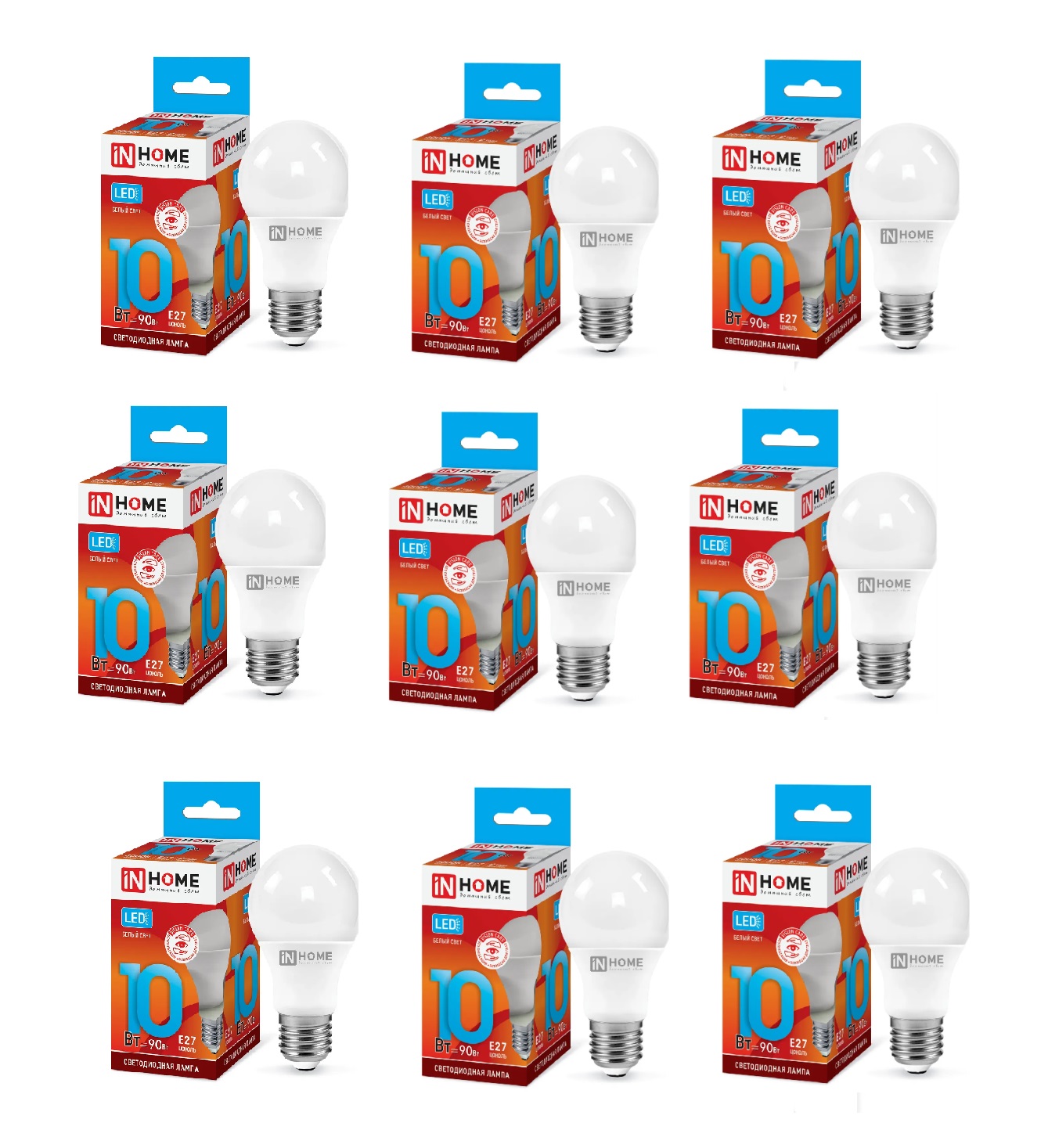 

Лампочка IN HOME LED-А60-VC 10Вт 230В Е27 4000К 950Лм 9 шт, LED-А60-VC