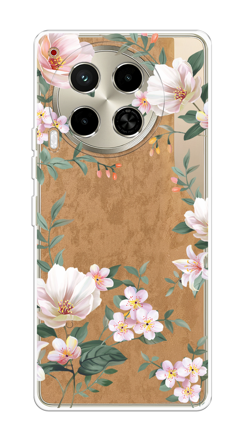 

Чехол на Tecno Camon 30 4G "Beautiful white flowers", Бежевый;зеленый, 305650-1