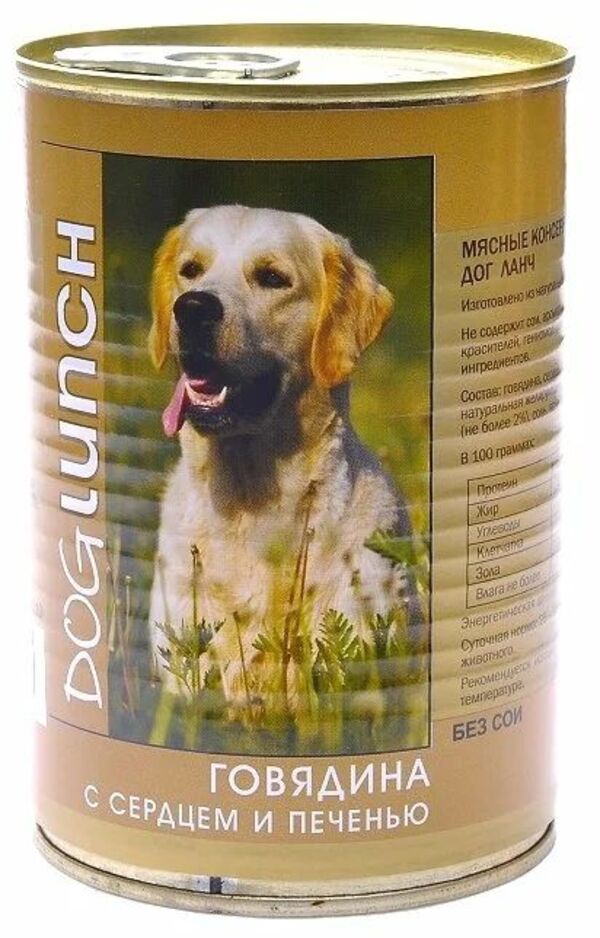 

Влажный корм для собак Dog Lunch, говядина с сердцем и печенью в желе, 5 шт по 410 г