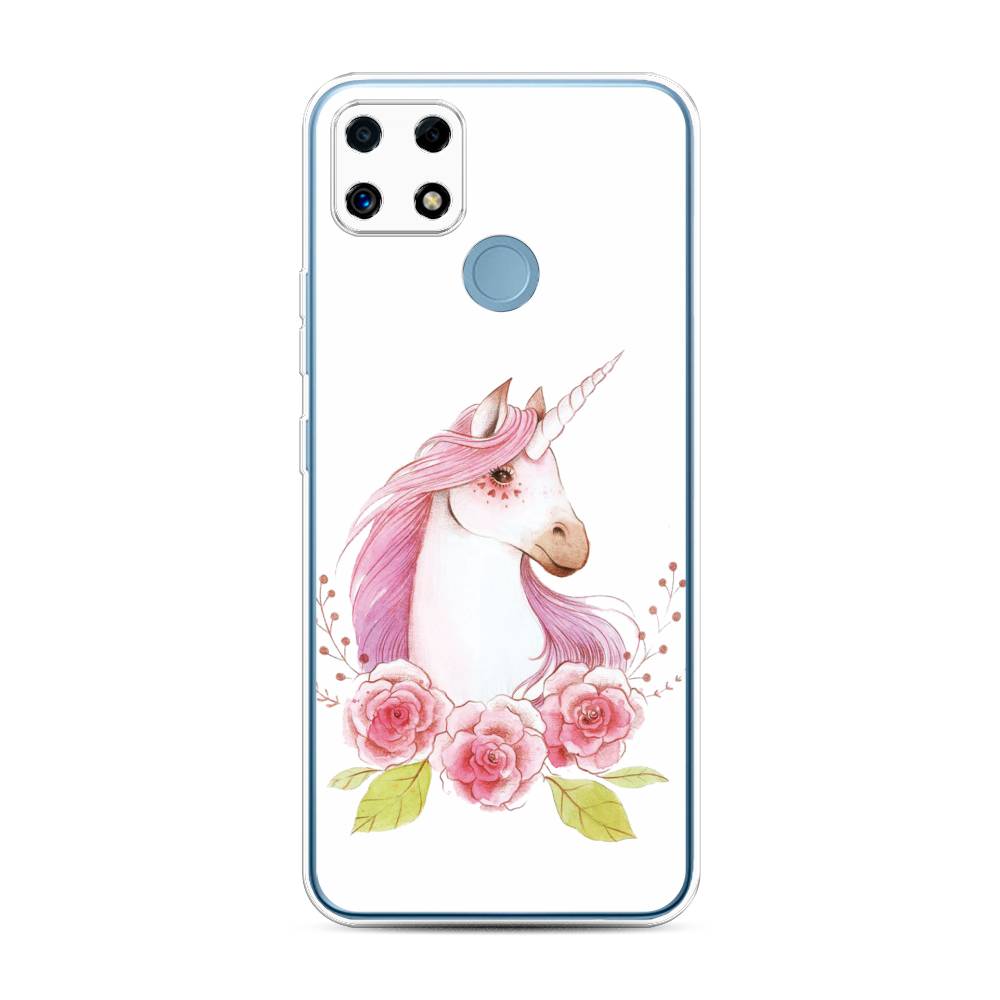 

Чехол на Oppo Realme C25 "Единорог цветы", Белый;розовый;серый, 257450-1