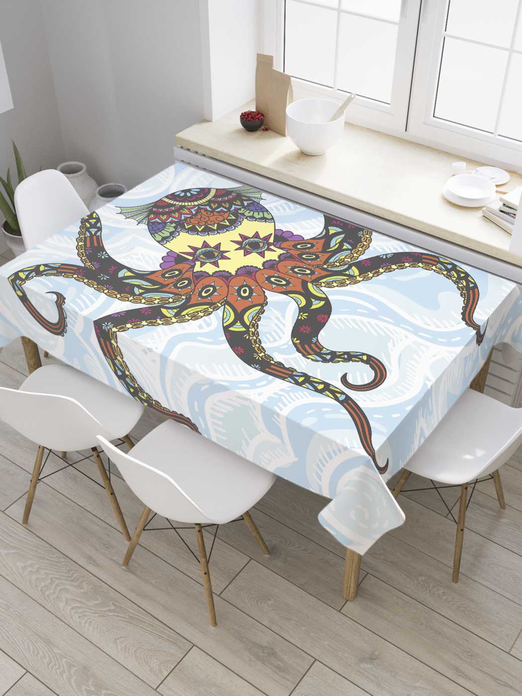 

Скатерть прямоугольная JoyArty "Духовный осьминог" из оксфорда, 180x145 см, Голубой, Духовный осьминог