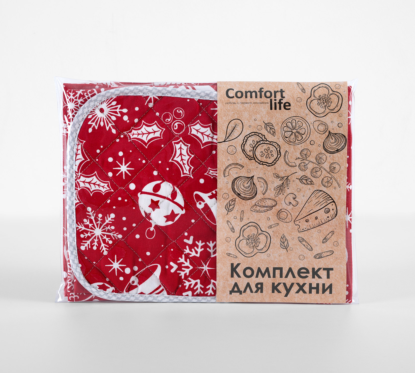 

Набор для кухни Снежинки Comfort Life фартук, прихватка и салфетка, Красный, НабКух