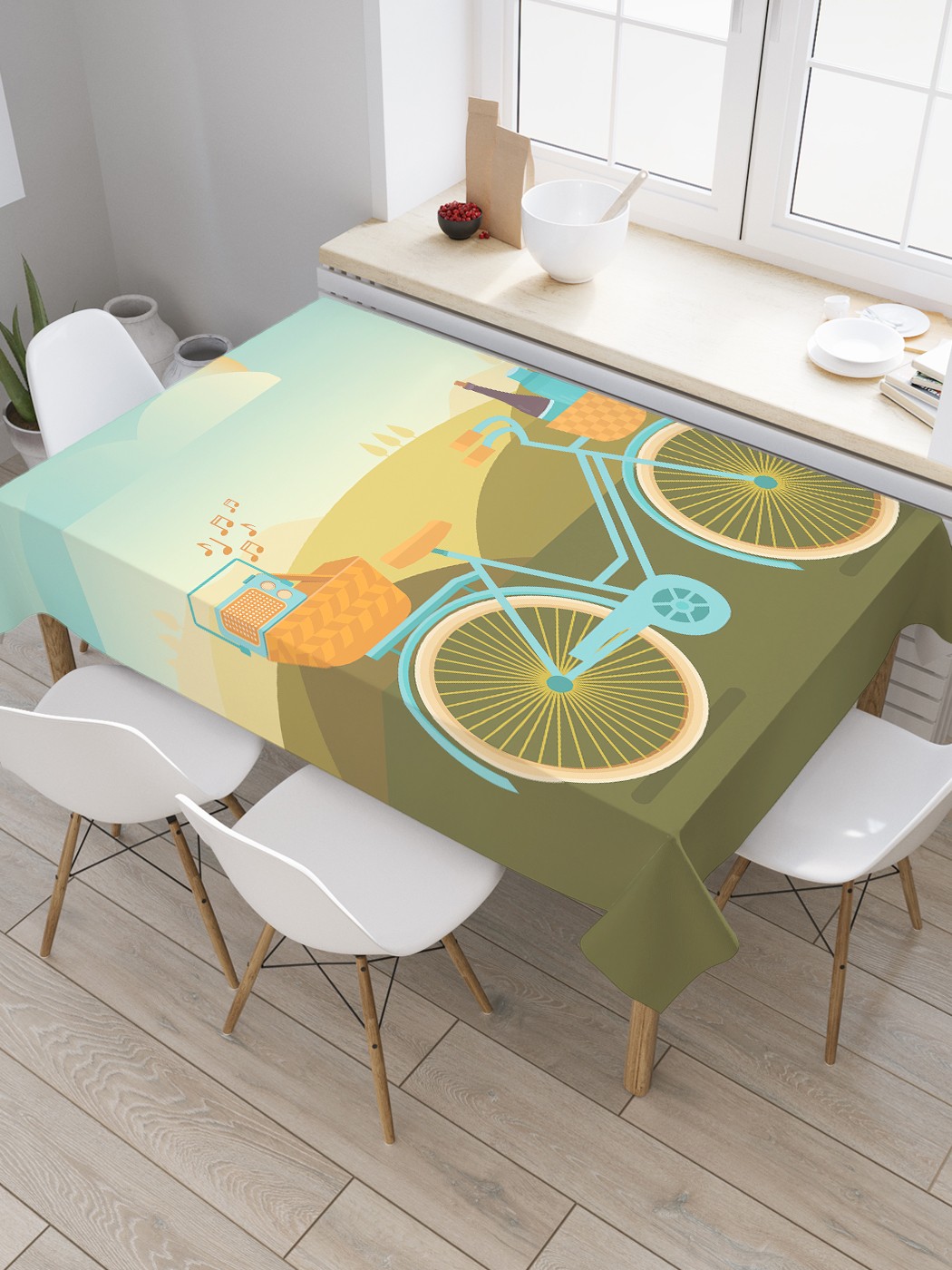 фото Скатерть прямоугольная joyarty "на пикник велосипедом" из сатена, 120x145 см
