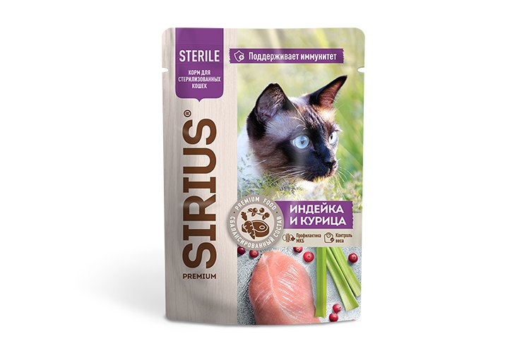 Влажный корм для кошек SIRIUS Premium, для стерилизованных, индейка, курица, 85г