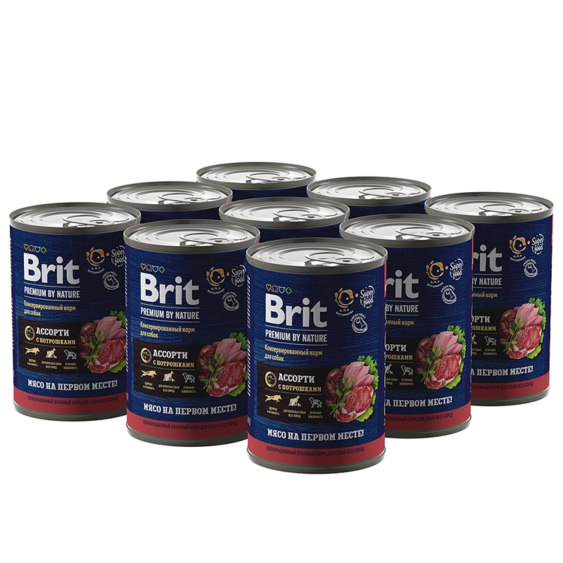 фото Консервы для собак brit premium by nature с мясным ассорти с потрошками, 9 шт по 410 г