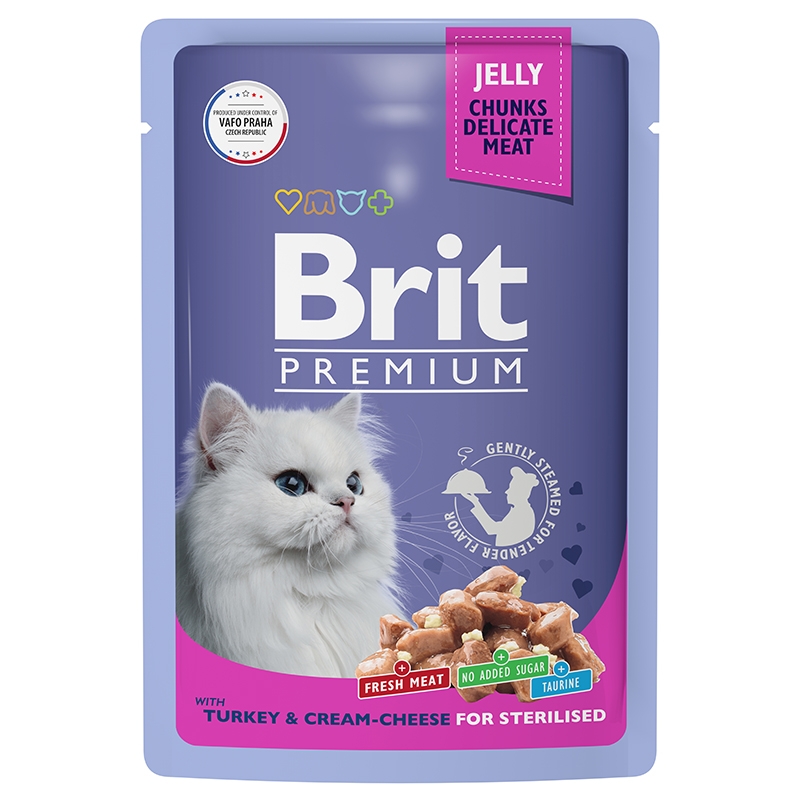 Влажный корм для кошек Brit Premium индейка с сыром в желе, 14 шт по 85 г