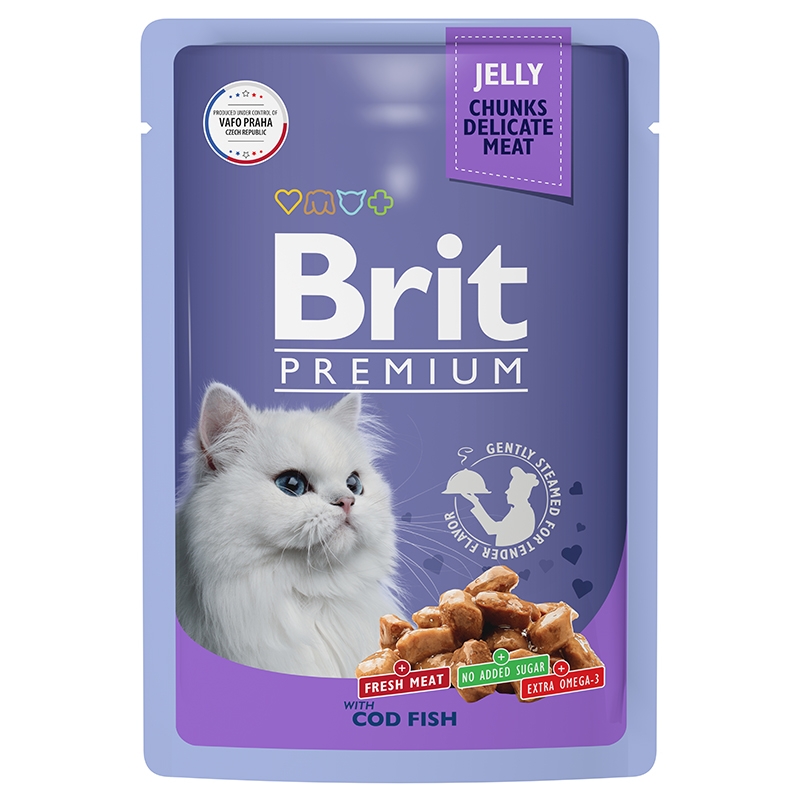 фото Влажный корм для кошек brit premium треска в желе 14 шт х 85 гр