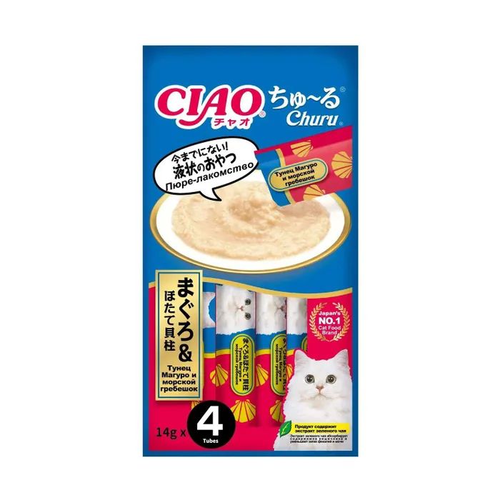 Лакомство-пюре для кошек Inaba Ciao Churu Тунец магуро и морской гребешок, 2шт по 56г
