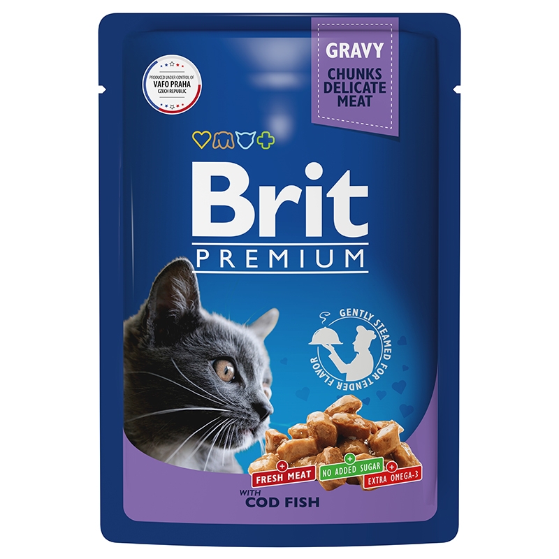 Влажный корм для кошек Brit Premium треска в соусе, 14 шт по 85 г